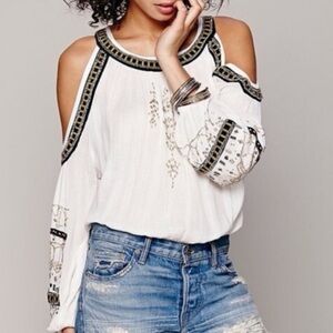 Free People “Give Him the Cold Shoulder” top with beads and sequins sz S